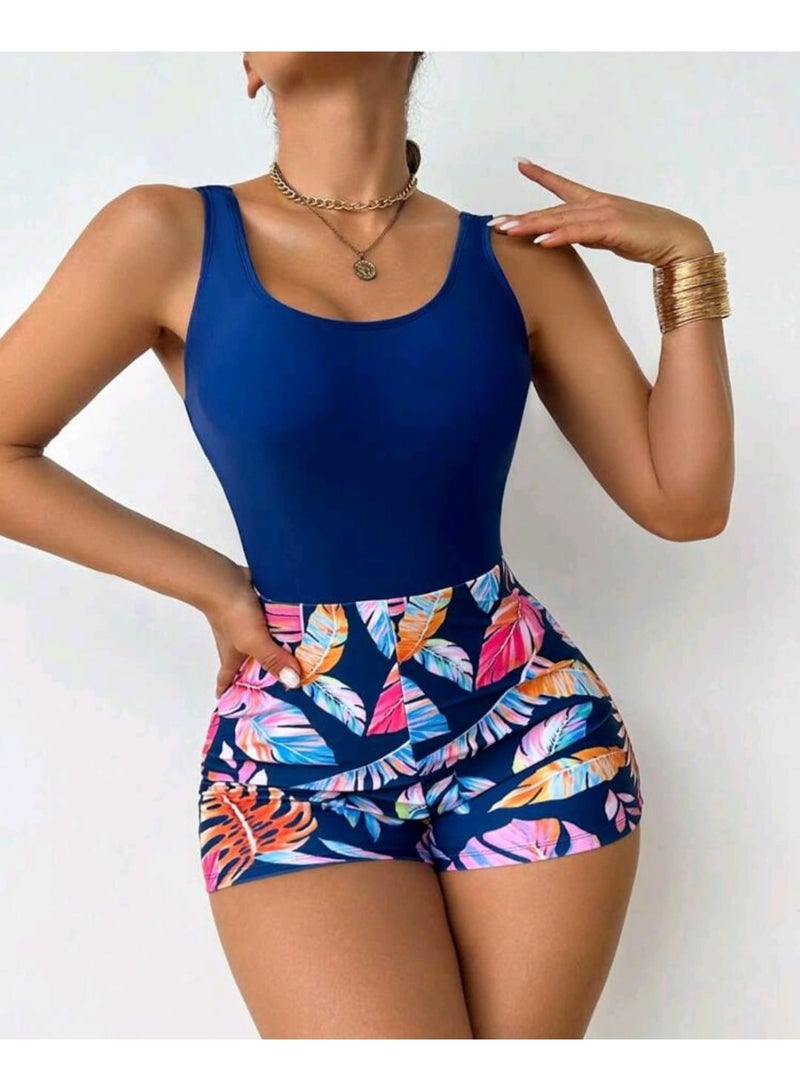Shein Swim Lushoire Women's Summer Beach Vacation-Style Tropical Print Low Back One-Piece Swimsuit - Image 1